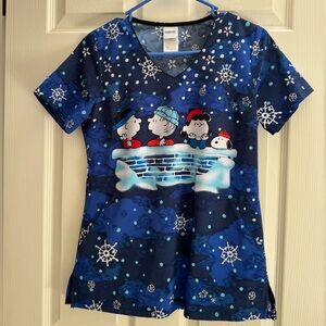 Peanuts Navy Cartoon Snowflake Scrub Top | Size XXS